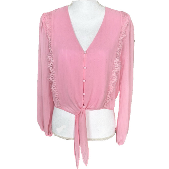 WAYF sz S Lace Trim Knotted Long Sleeve Blouse Barbie Bubblegum Pink NEW - Picture 1 of 3